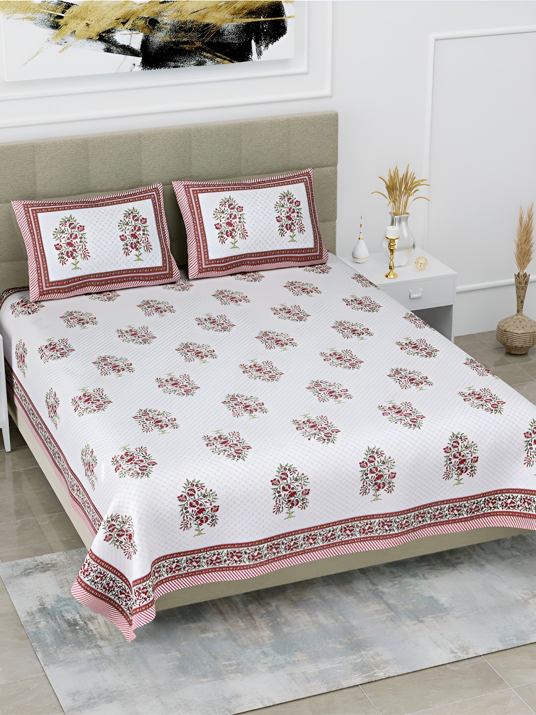 

POORAK Maroon & White Floral 144 TC Pure Cotton King Bedsheet With 2 Pillow Covers