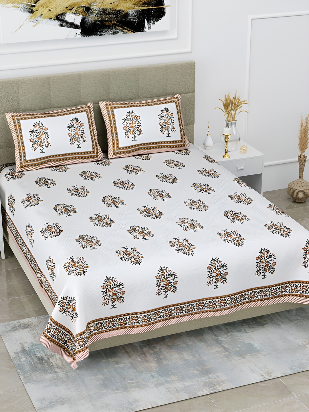 

POORAK Brown & White Ethnic Motifs Cotton 144 TC King Bedsheet with 2 Pillow Covers