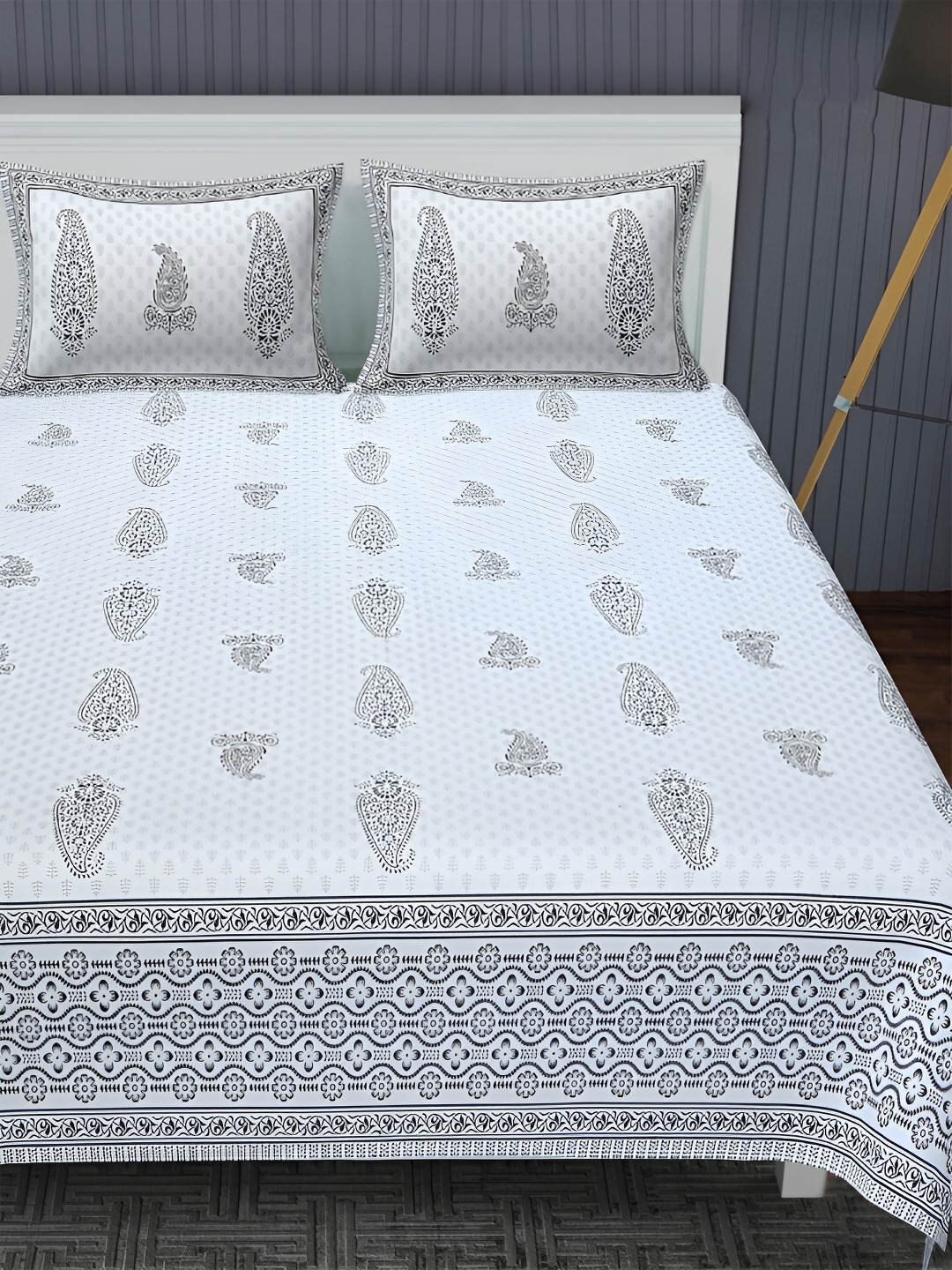 

POORAK Grey & White Ethnic Motifs 144 TC Pure Cotton King Bedsheet With 2 Pillow Covers