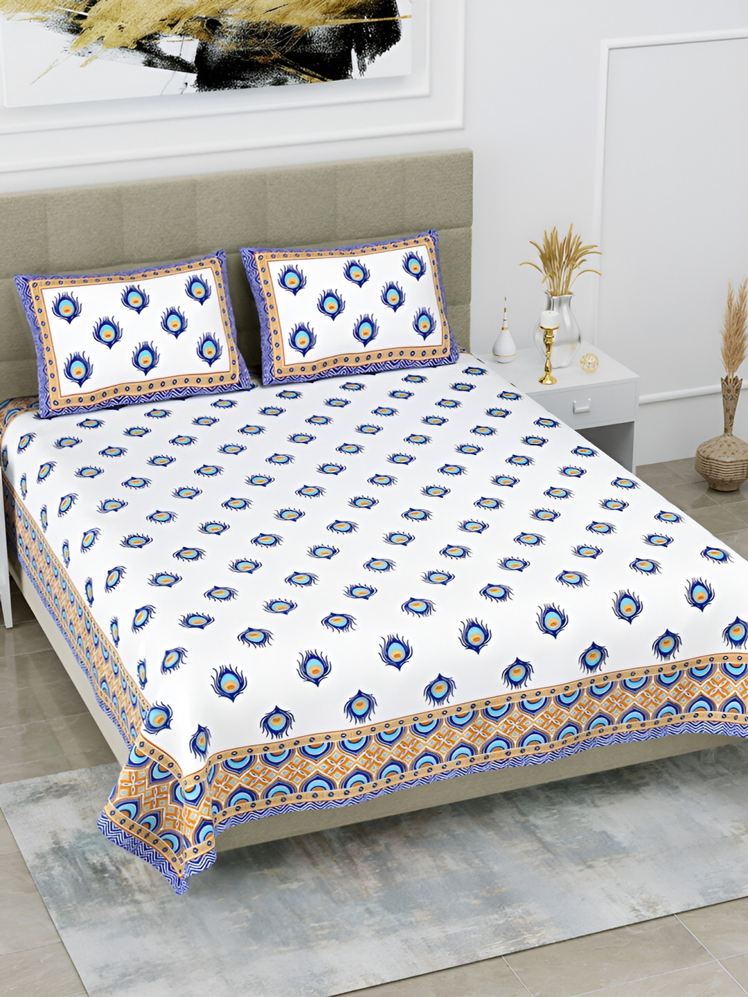 

POORAK Blue & White Floral Printed Cotton 144 TC King Bedsheet with 2 Pillow Covers