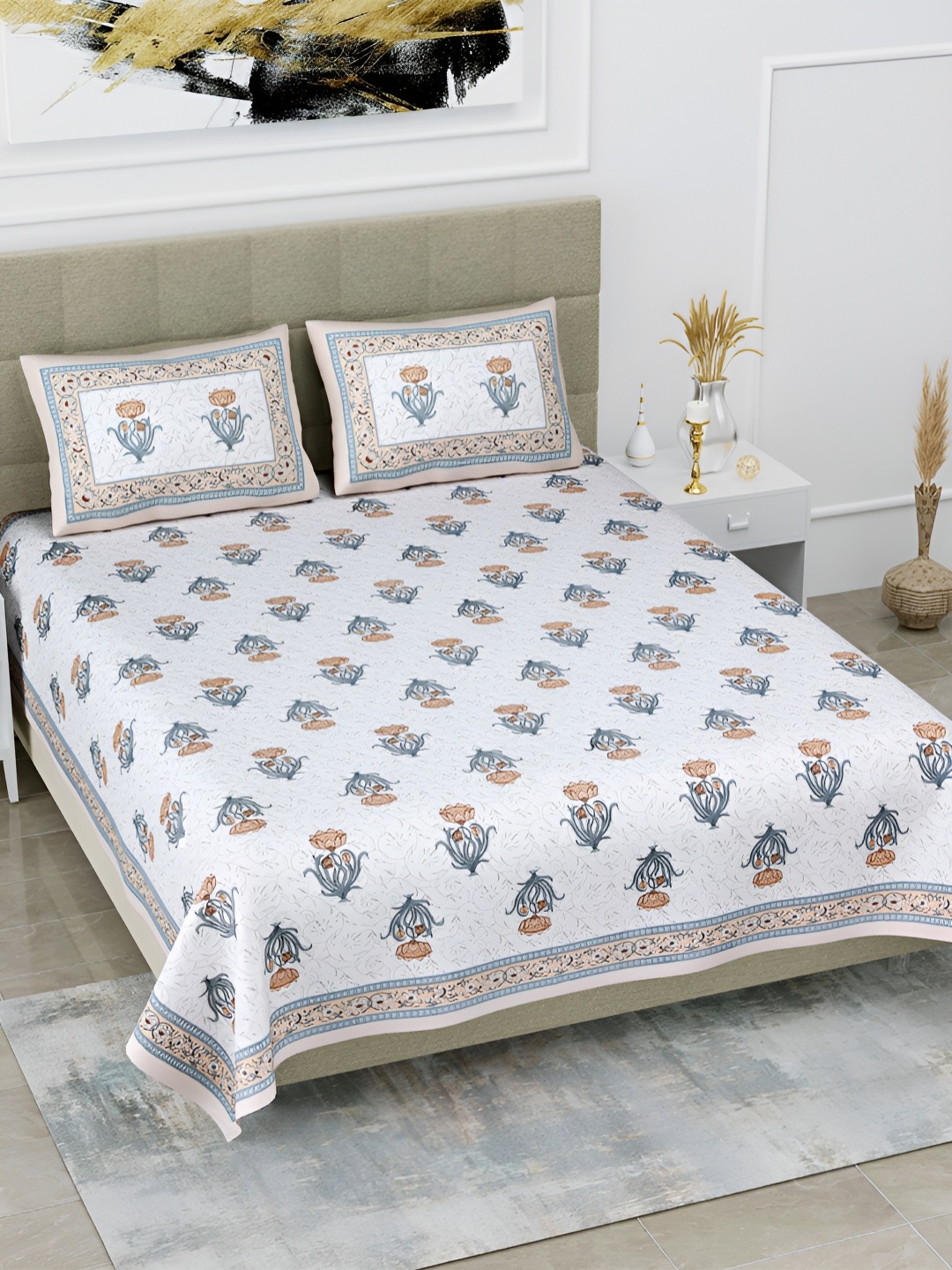 

POORAK Grey & White Floral Printed Cotton 144 TC King Bedsheet with 2 Pillow Covers