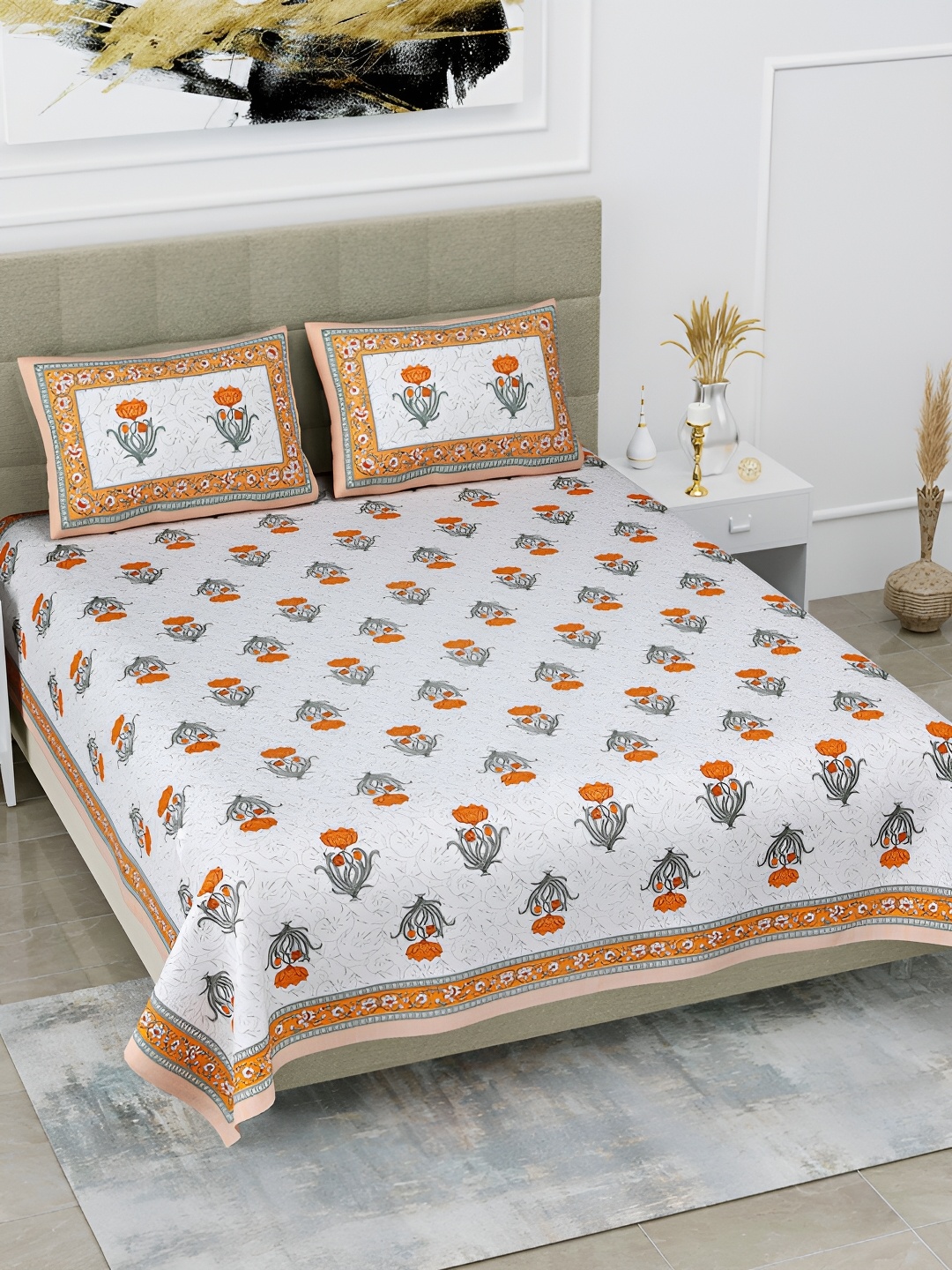 

POORAK Orange & White Ethnic Motifs 144 TC Pure Cotton King Bedsheet With 2 Pillow Covers