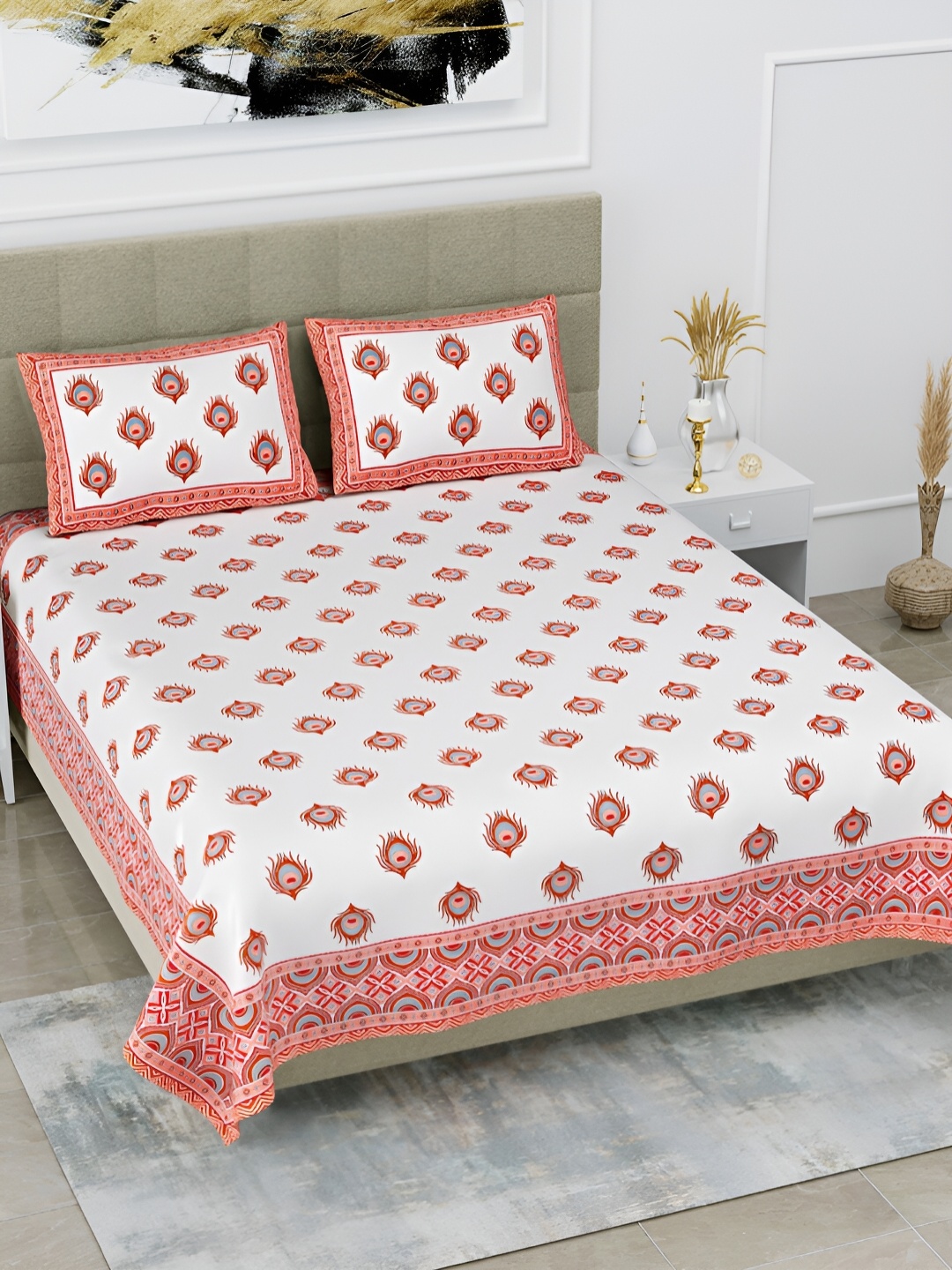 

POORAK Red & White Ethnic Motifs 144 TC Pure Cotton King Bedsheet With 2 Pillow Covers