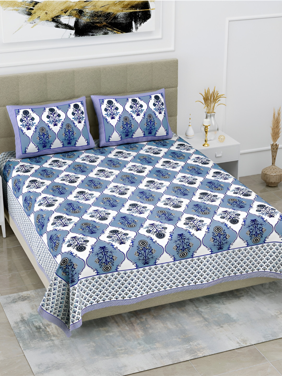 

POORAK Blue & White Floral 144 TC Pure Cotton King Bedsheet With 2 Pillow Covers