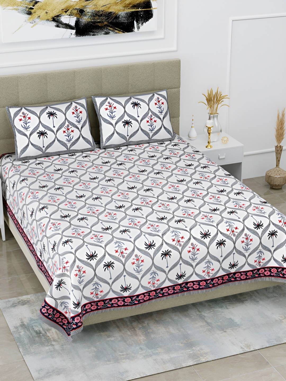 

POORAK Grey & Black Floral Printed Cotton 144 TC King Bedsheet with 2 Pillow Covers