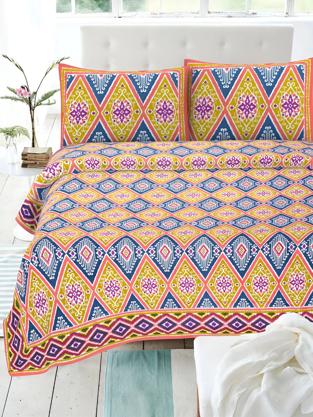 

POORAK Yellow & Blue Ethnic Motifs 144 TC Pure Cotton King Bedsheet With 2 Pillow Covers