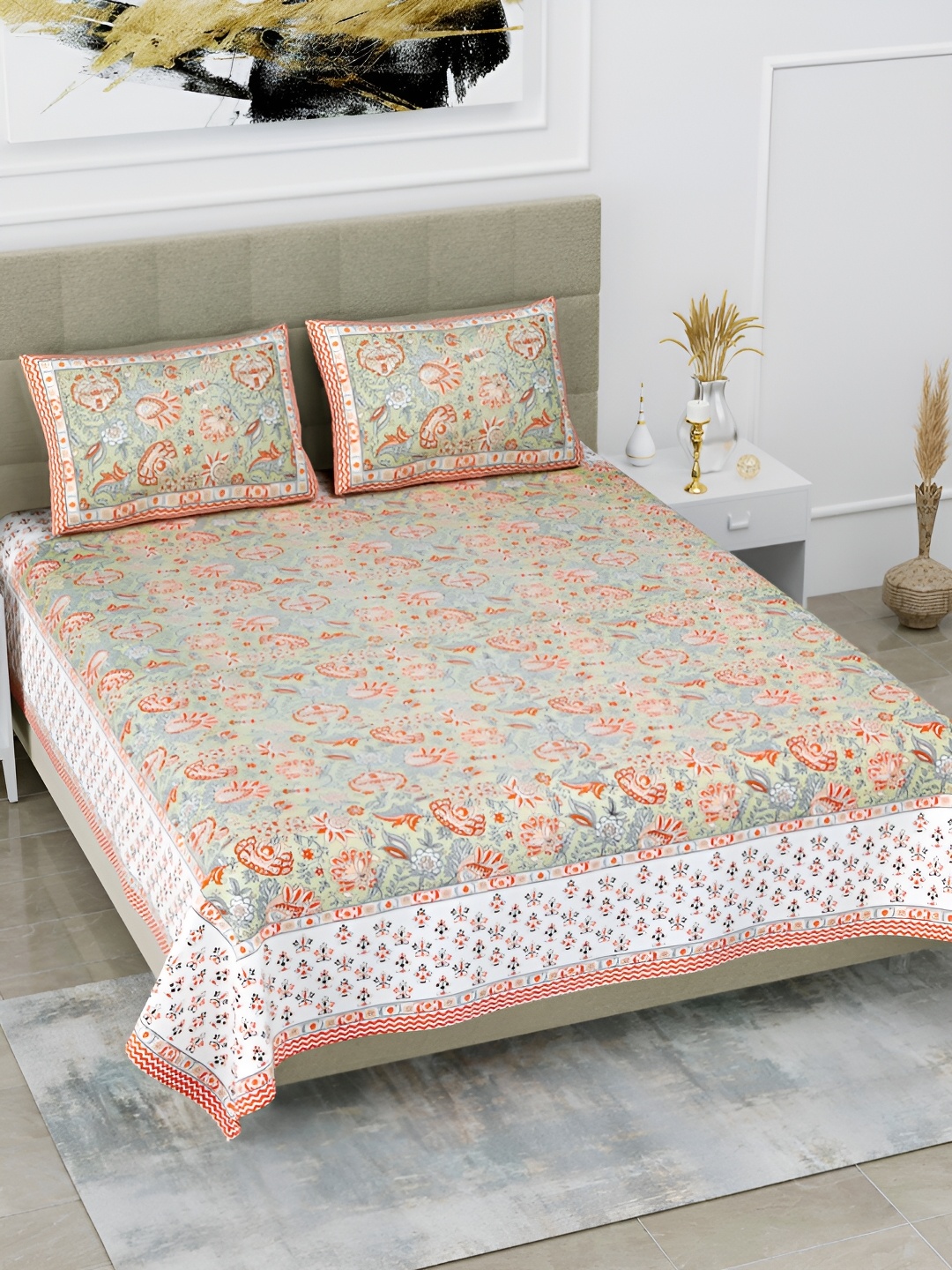 

POORAK Green & White Floral 144 TC Pure Cotton King Bedsheet With 2 Pillow Covers