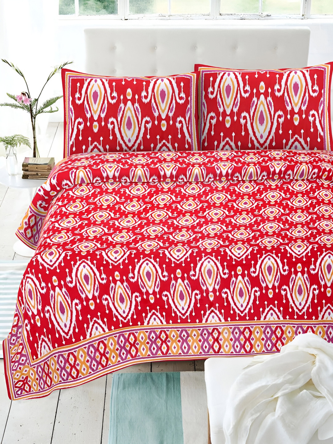 

POORAK Red & White Ethnic Motifs 144 TC Pure Cotton King Bedsheet With 2 Pillow Covers