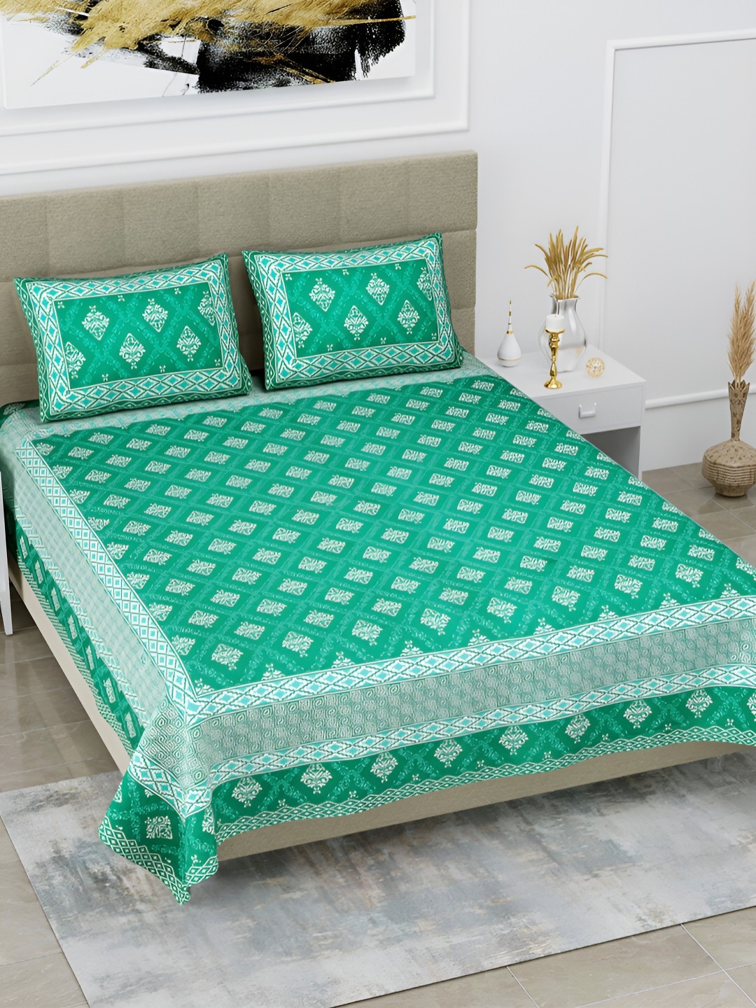 

POORAK Green & White Ethnic Motifs 144 TC Pure Cotton King Bedsheet With 2 Pillow Covers