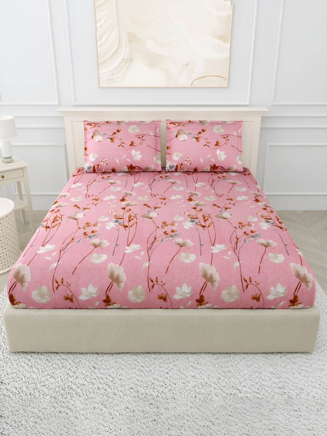 

POORAK Pink & White Floral 144 TC Pure Cotton King Bedsheet With 2 Pillow Covers