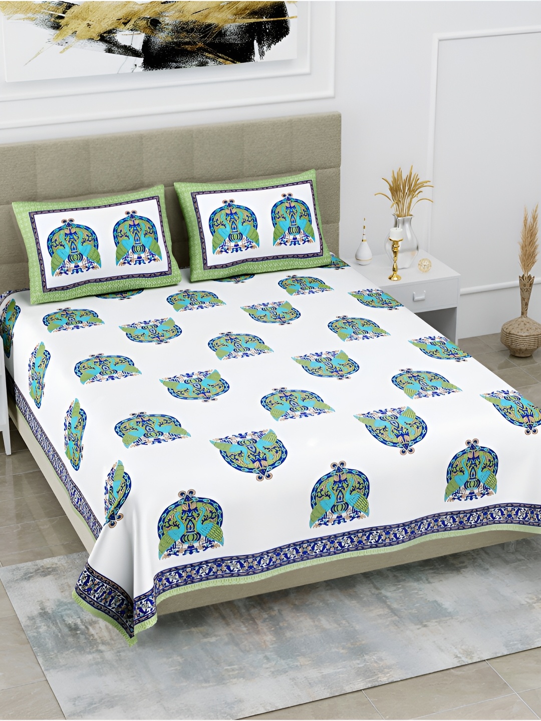 

POORAK Blue & White Ethnic Motifs 144 TC Pure Cotton King Bedsheet With 2 Pillow Covers
