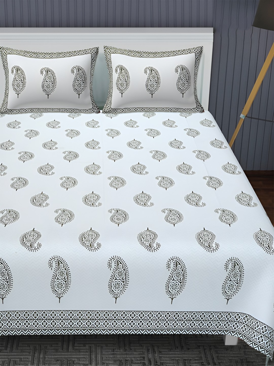 

POORAK Grey & White Ethnic Motifs 144 TC Pure Cotton King Bedsheet With 2 Pillow Covers