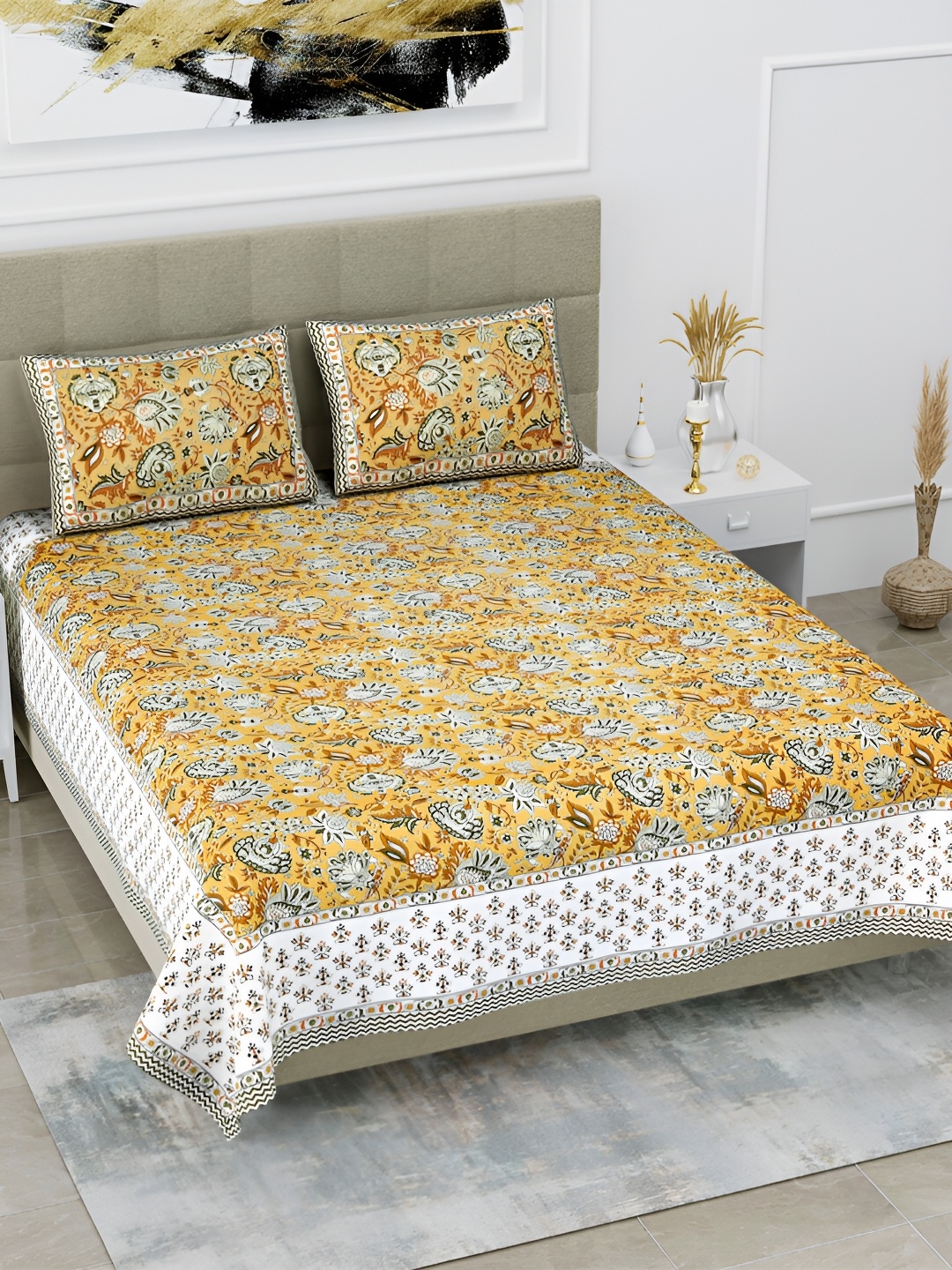 

POORAK Yellow & White Floral 144 TC Pure Cotton King Bedsheet With 2 Pillow Covers
