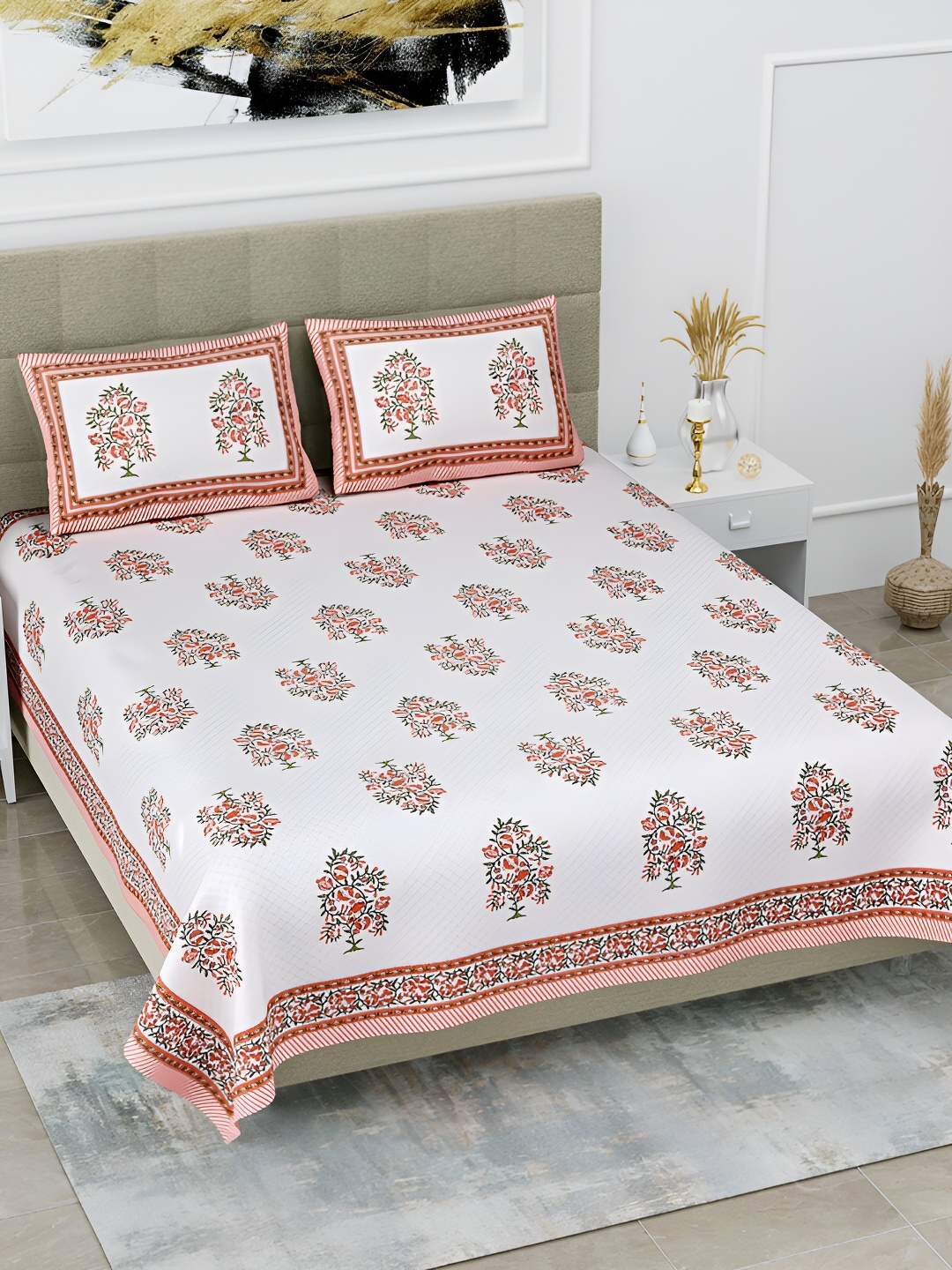 

POORAK Orange & White Floral 144 TC Pure Cotton King Bedsheet With 2 Pillow Covers