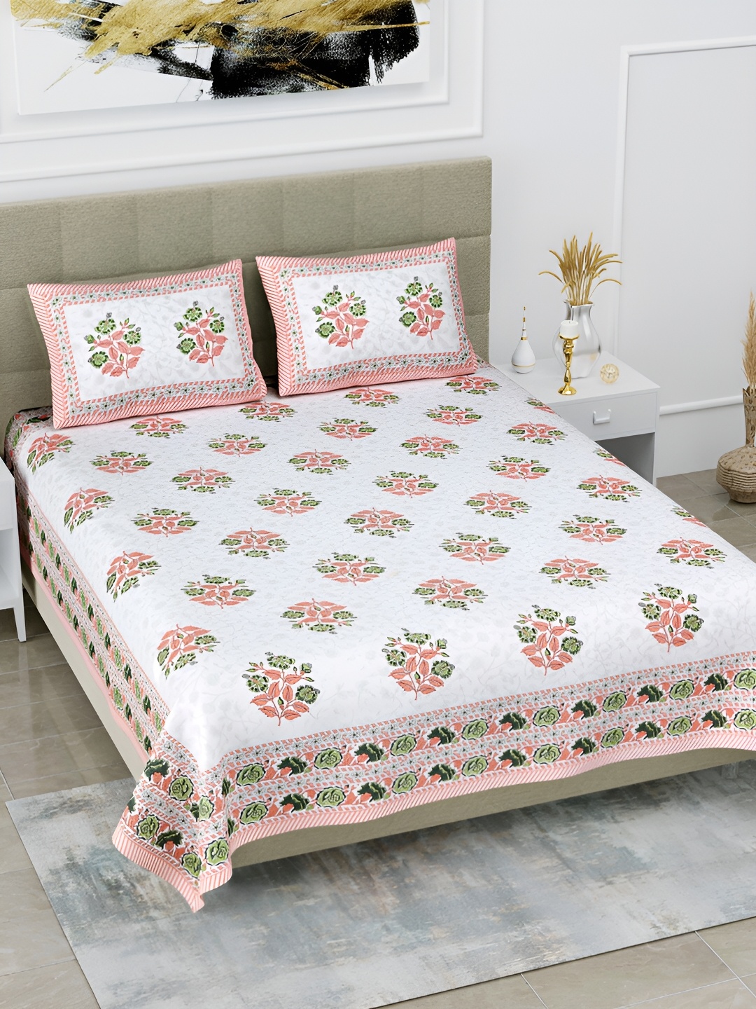 

POORAK Orange & Green Floral 144 TC Pure Cotton King Bedsheet With 2 Pillow Covers