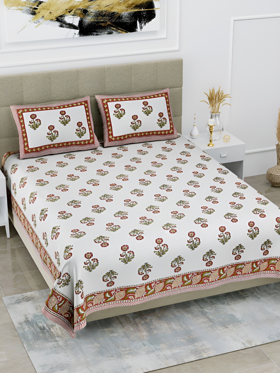 

POORAK Maroon & White Floral 144 TC Pure Cotton King Bedsheet With 2 Pillow Covers