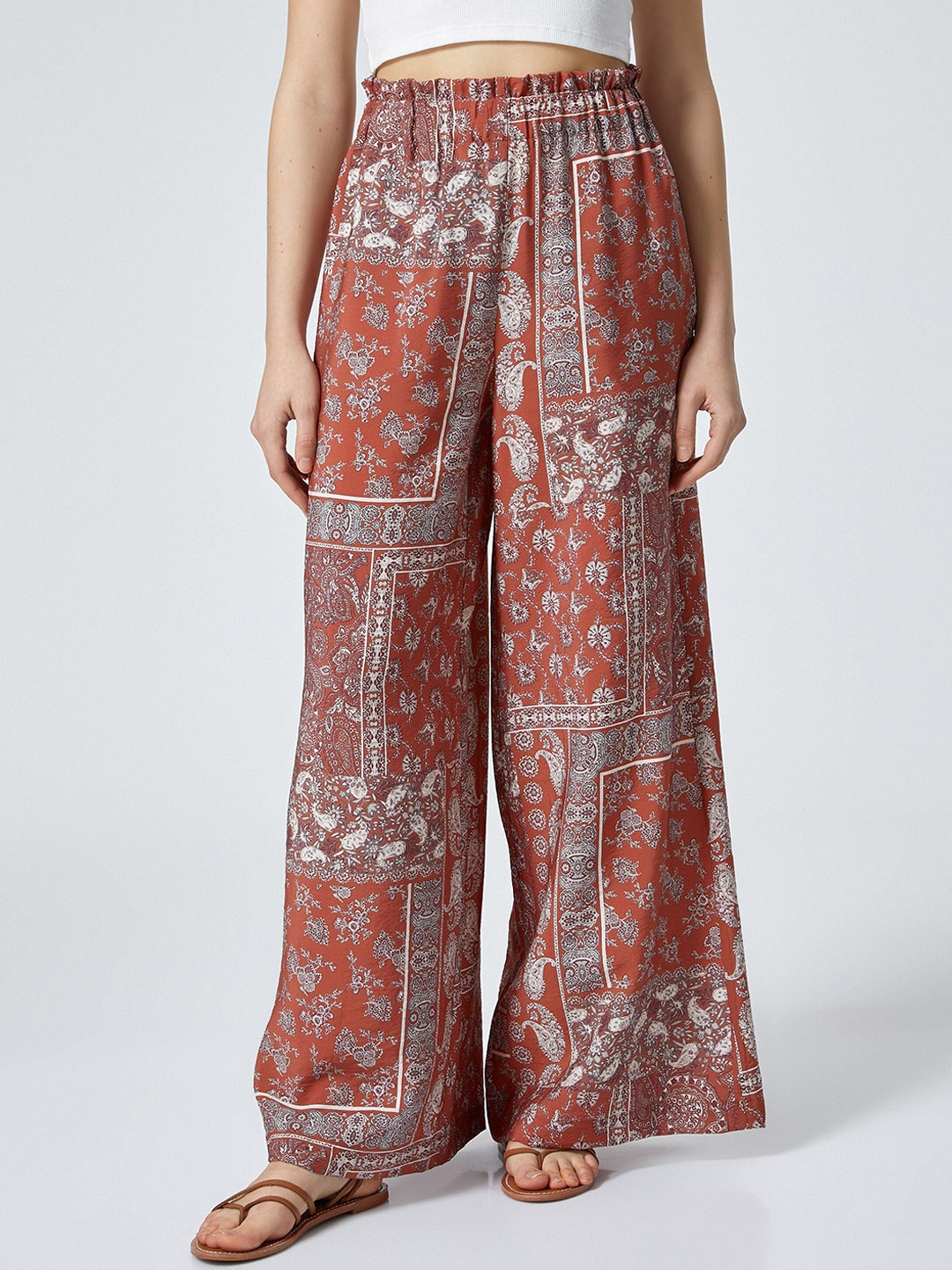 

Koton Women Ethnic Motifs Printed Mid-Rise Trousers, Brown