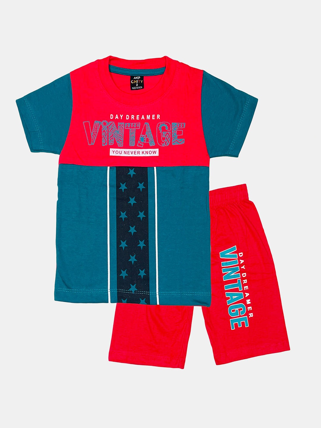 

Peerless Wear Boys Printed Pure Cotton T-shirt with Shorts, Red