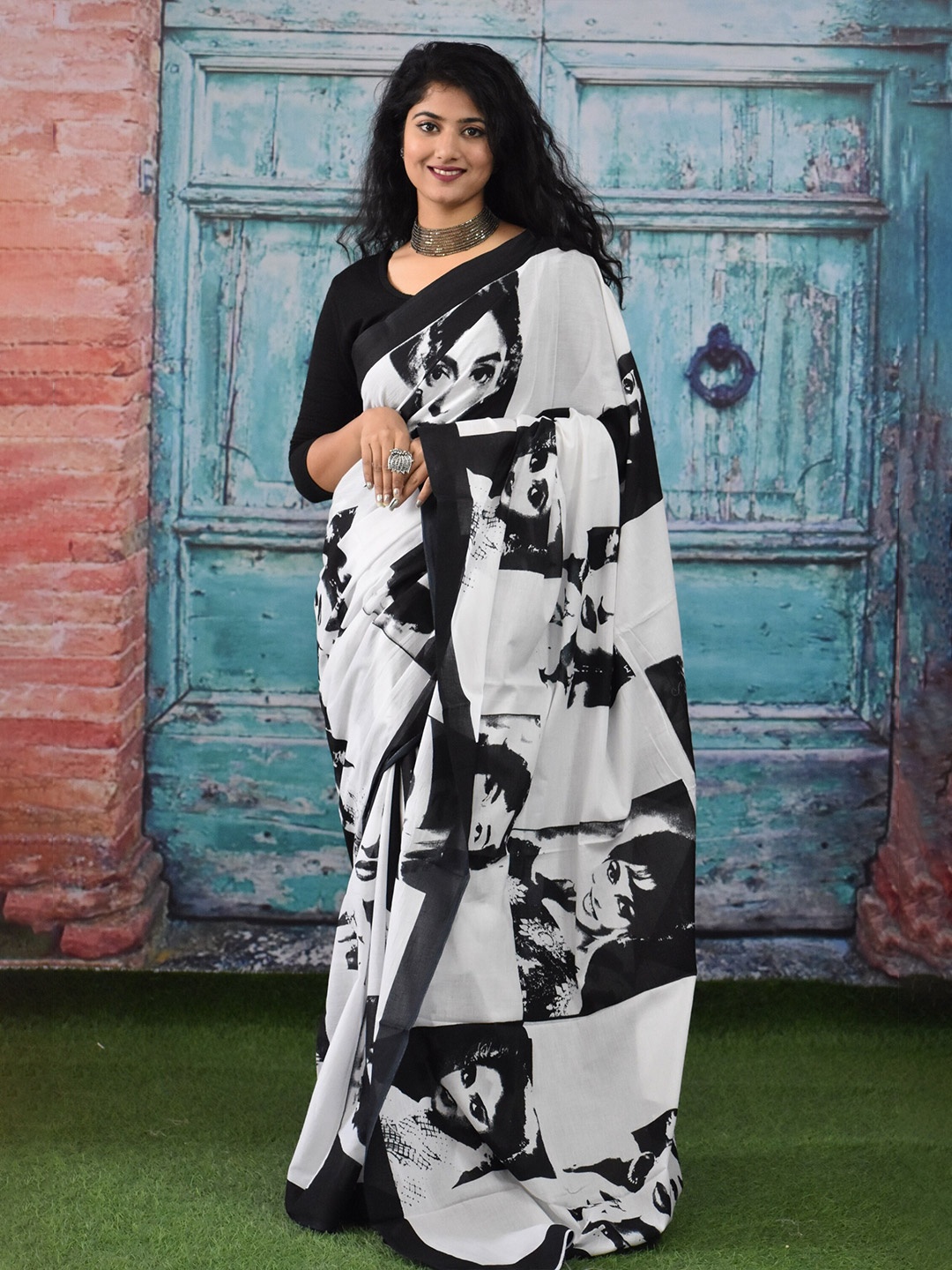 

JALTHER Ethnic Motifs Printed Mulmul Cotton Block Print Saree, White