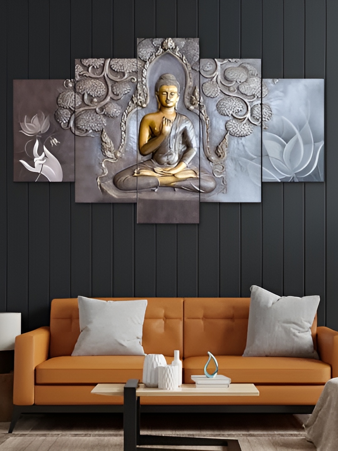 

Perpetual Grey & Gold Toned 5 Pieces Buddha Religious 3D Wooden Painting Wall Arts