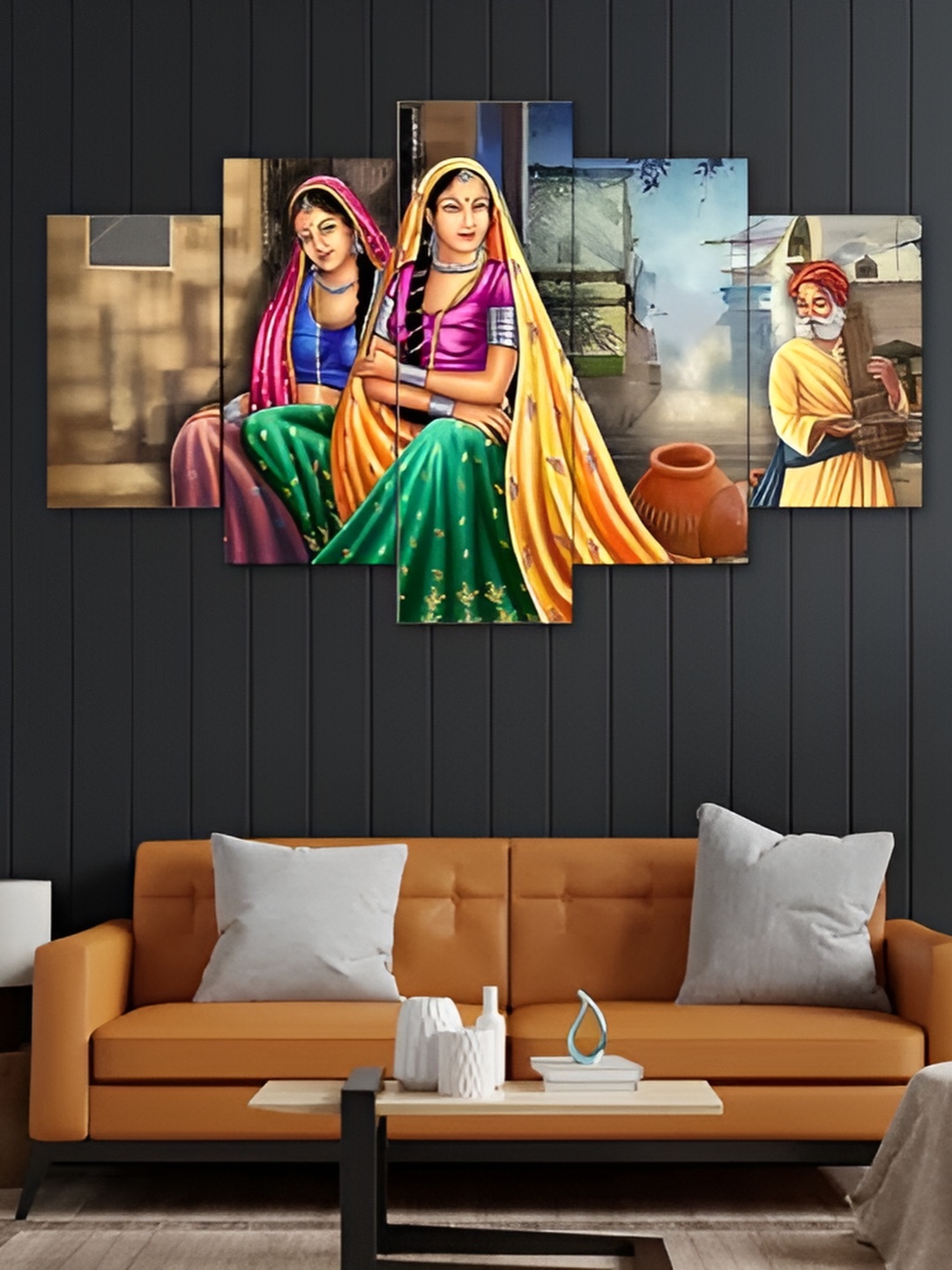 

Perpetual Yellow & Green 5 Pieces Rajasthani Lady Wooden Painting Wall Art
