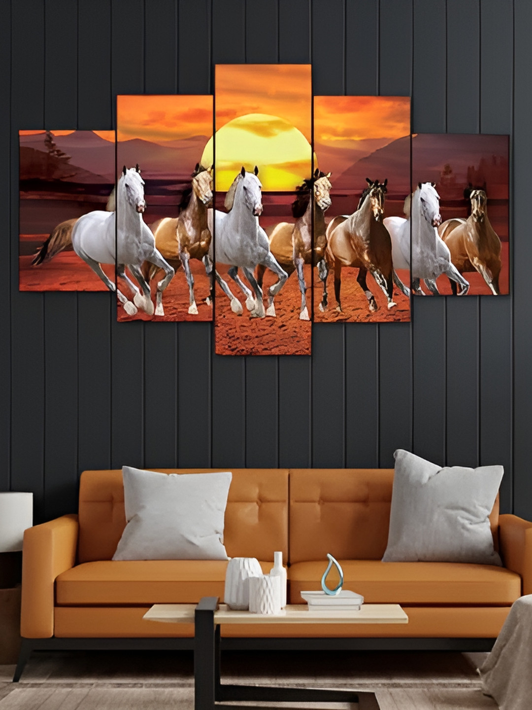 

Perpetual Orange & White 5 Pieces Horses & Sunset Panelled Painting Wall Arts