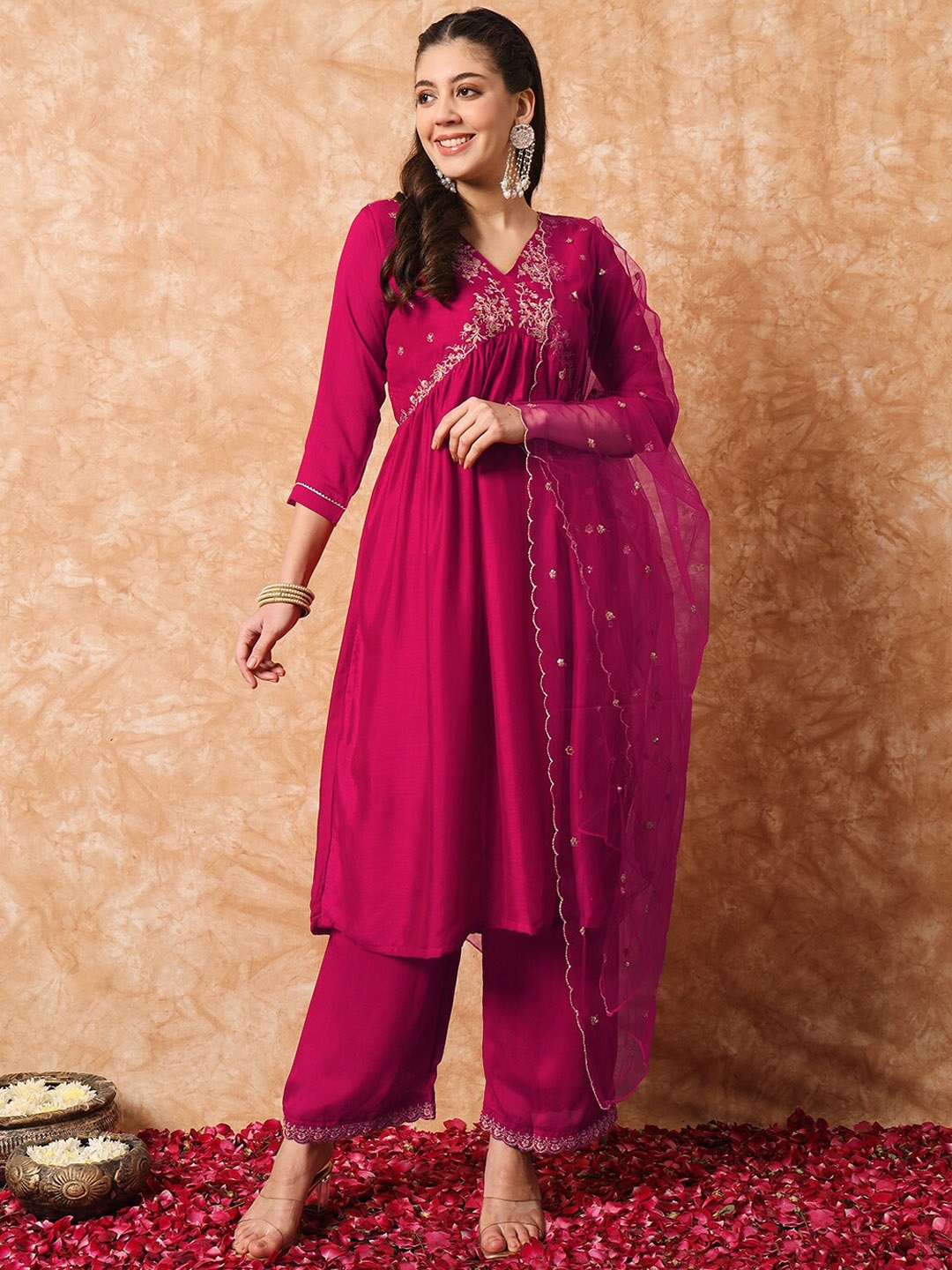 

KALINI Floral Yoke Design Empire Thread Work Kurta with Trousers & Dupatta, Pink