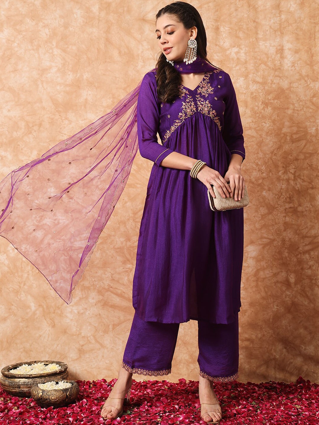 

KALINI Floral Yoke Design Kurta With Trousers & With Dupatta, Purple