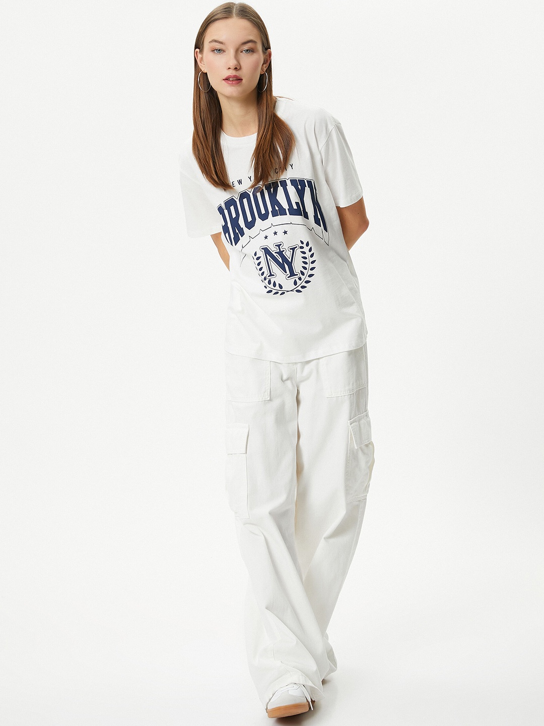 Koton Typography Printed Round Neck Pure Cotton T-shirt, White