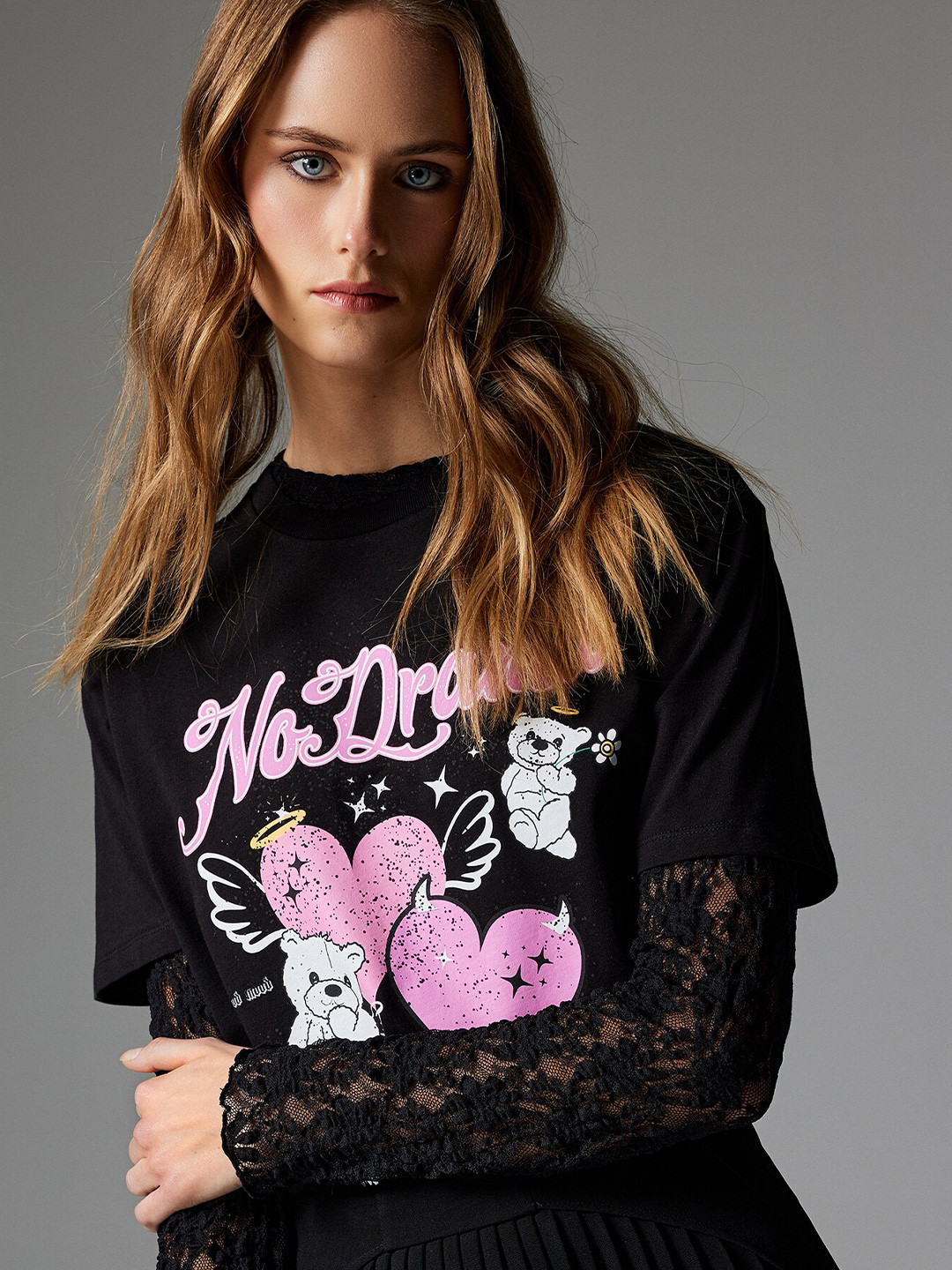 

Koton Graphic Printed Round Neck Pure Cotton T-shirt, Black