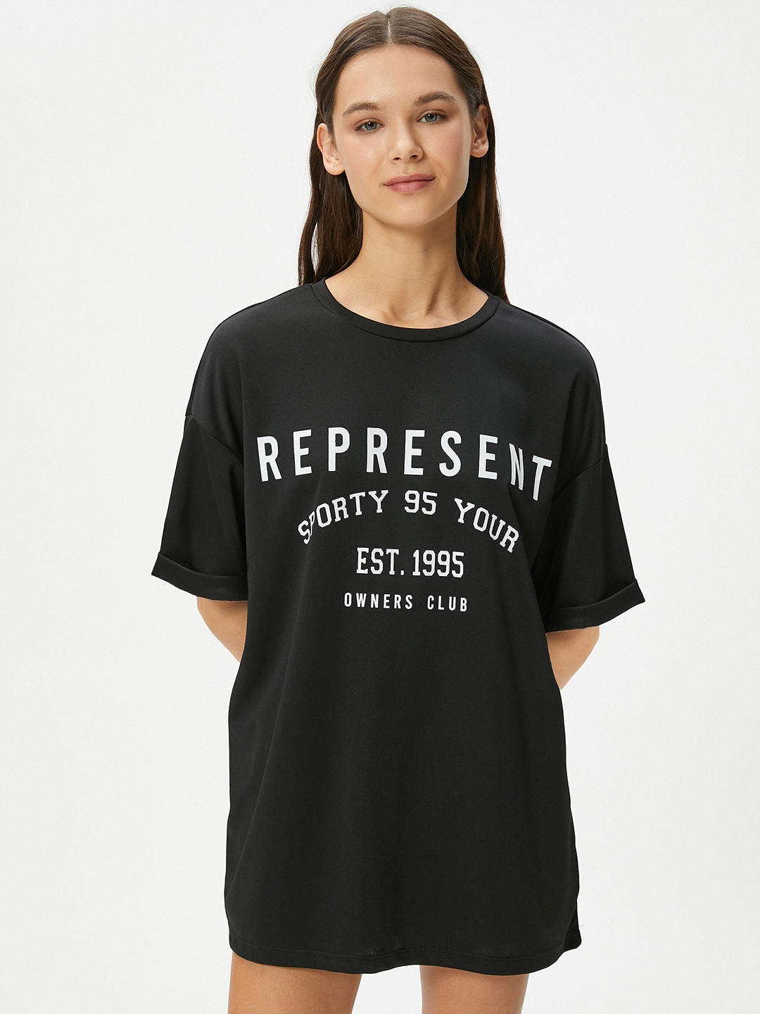 Koton Typography Printed Drop-Shoulder Oversized T-shirt, Black