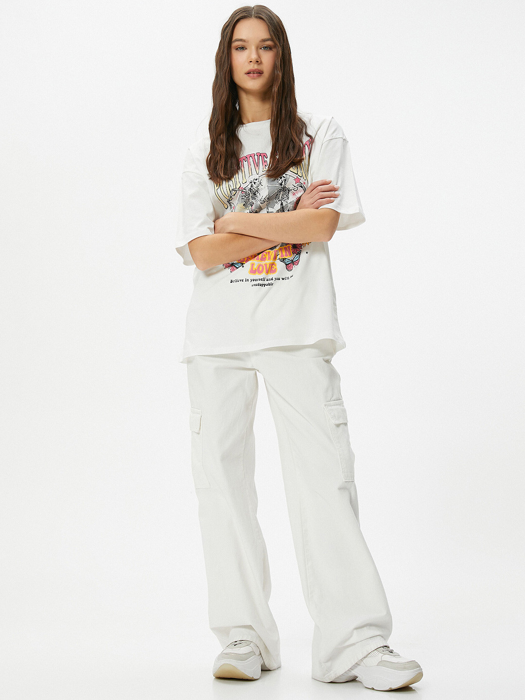 

Koton Typography Printed Drop-Shoulder Sleeves Oversized Cotton T-shirt, White
