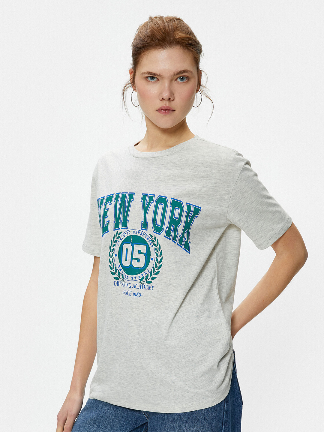 

Koton Typography Printed Drop-Shoulder Sleeves Cotton T-shirt, Grey melange