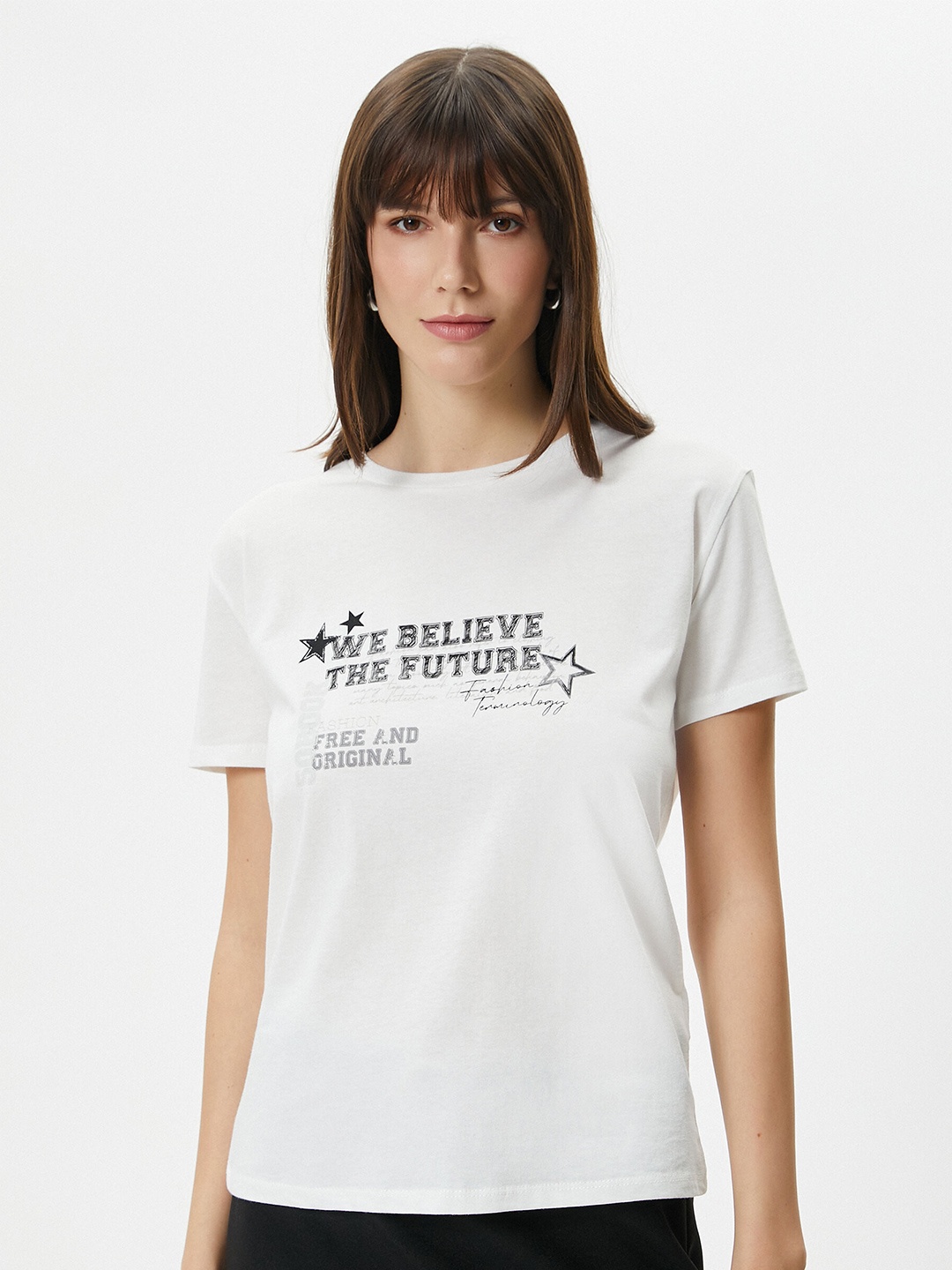 

Koton Women Typography Printed Pure Cotton T-shirt, White