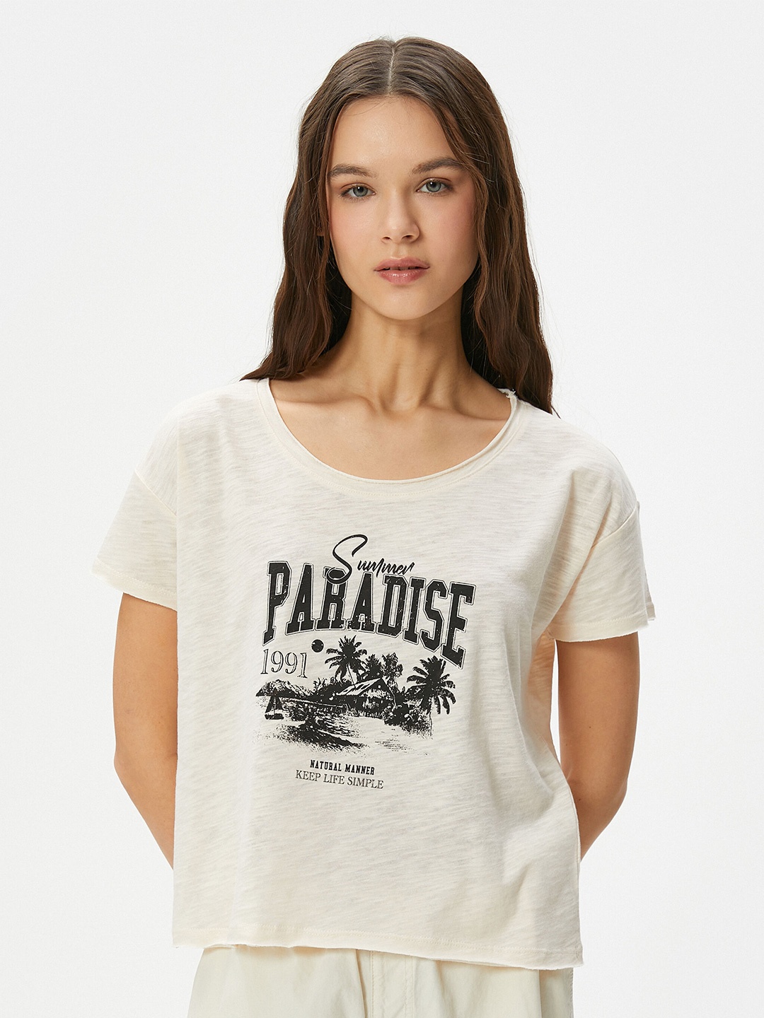 

Koton Typography Printed Round Neck Casual T-shirt, Cream