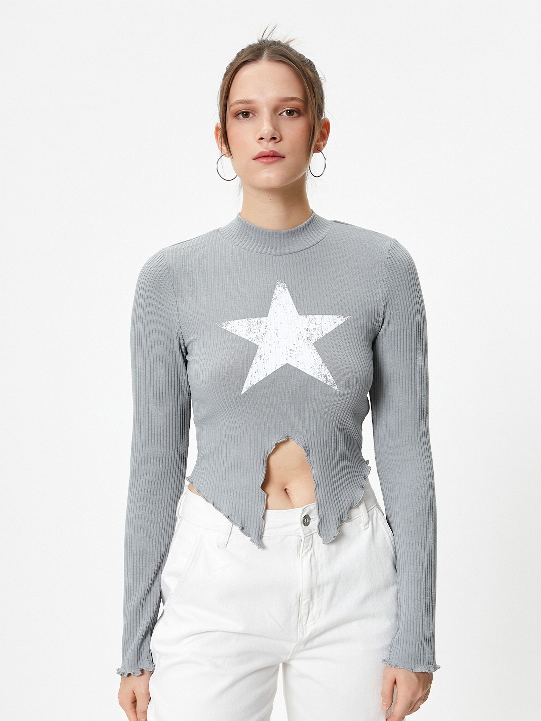 

Koton Self Designed High Neck Crop Top, Grey