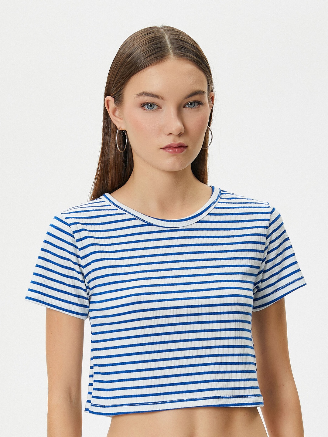 

Koton Striped Round Neck Short Sleeves Crop T-shirt, Navy blue