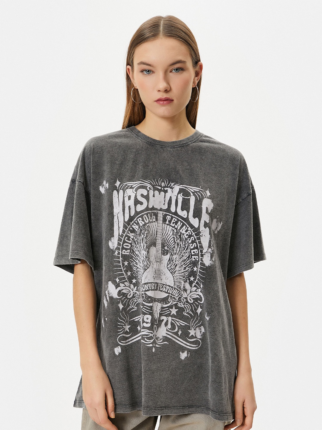 Koton Women Typography Printed Drop Shoulder Sleeves Pure Cotton Casual T-shirt, Grey