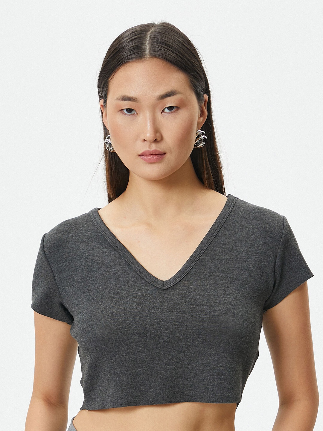 

Koton Women V-Neck T-shirt, Grey