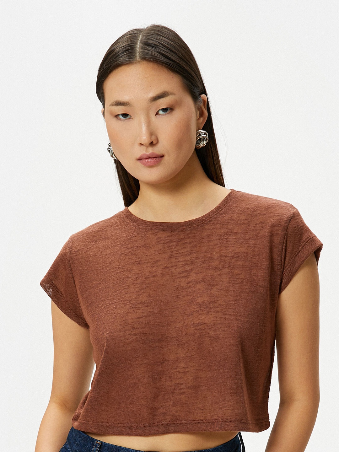 

Koton Self Design Round Neck Short Sleeves Crop T-shirt, Brown