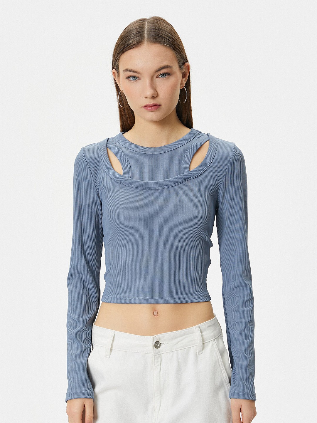 

Koton Ribbed Cut Out Crop Fitted Top, Blue