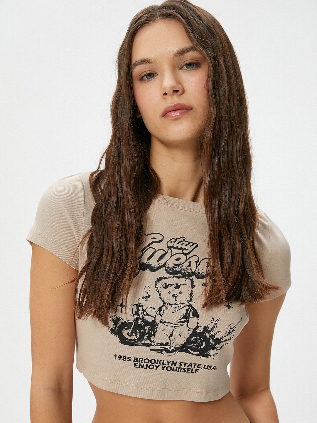 

Koton Typography Printed Pure Cotton Crop T-shirt, Brown