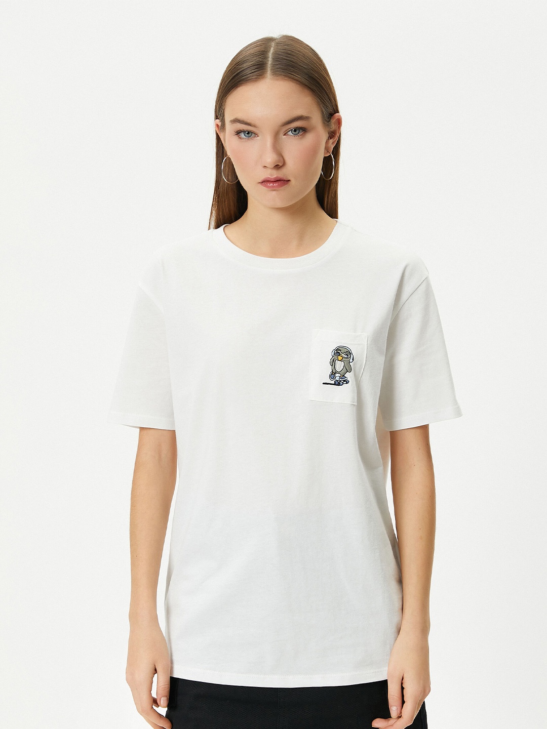 

Koton Graphic Printed Round Neck Pure Cotton Pocket T-shirt, White