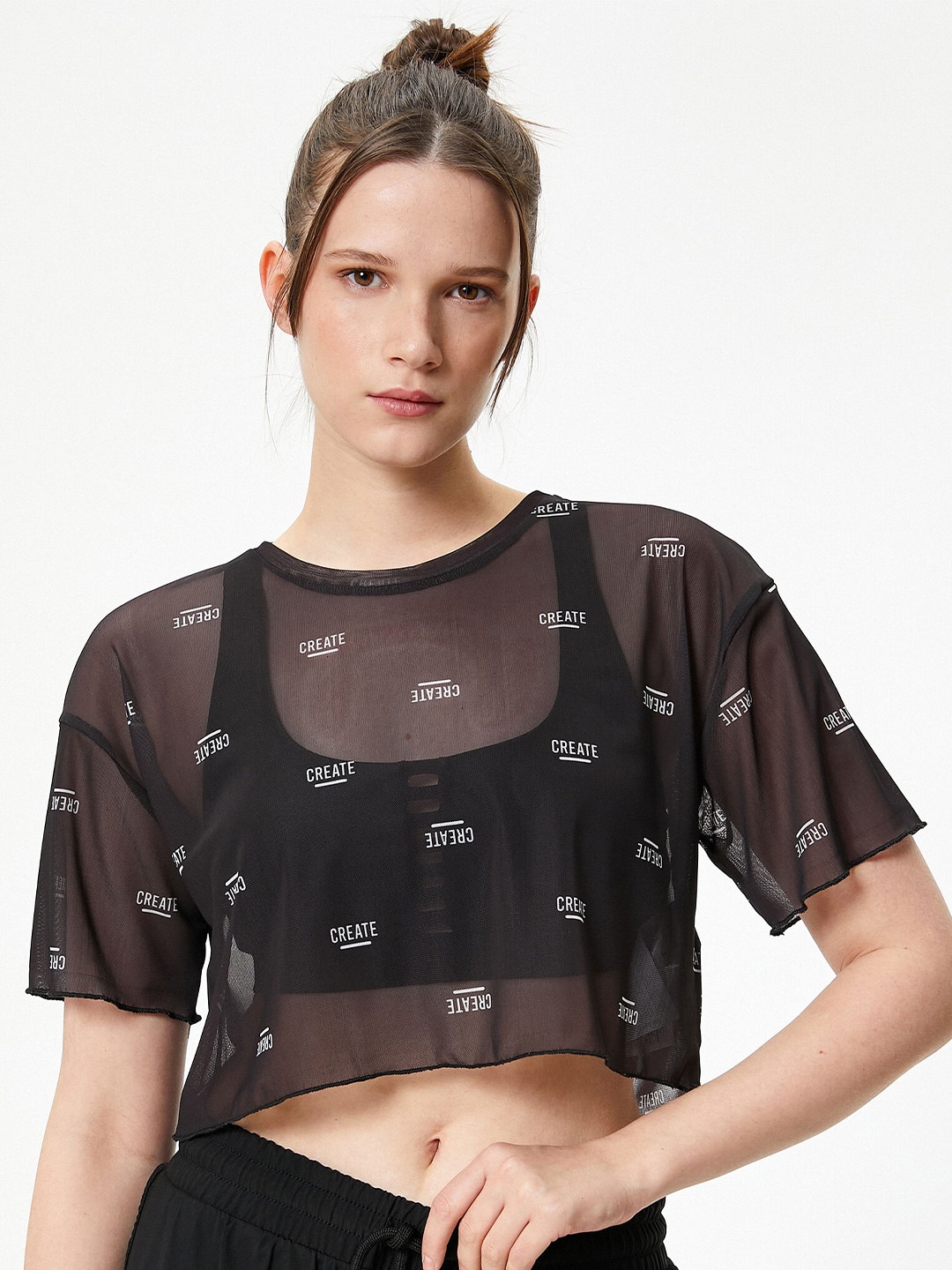 

Koton Typography Printed Drop-Shoulder Sleeves Crop T-shirt, Black