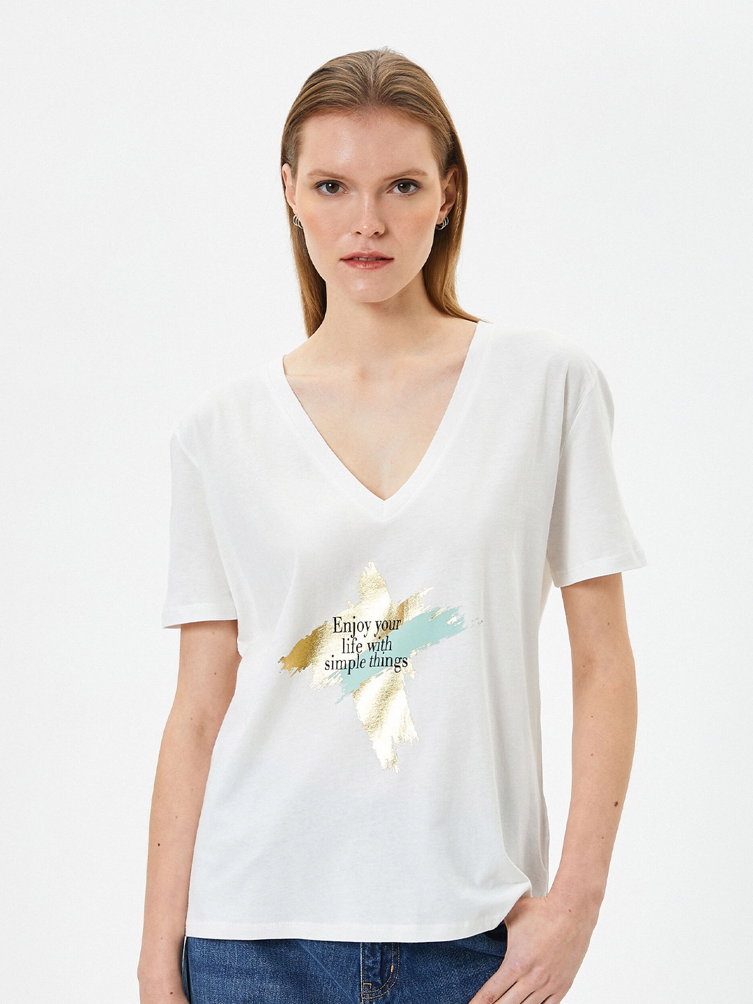

Koton Women Typography Printed V-Neck Pure Cotton T-shirt, White