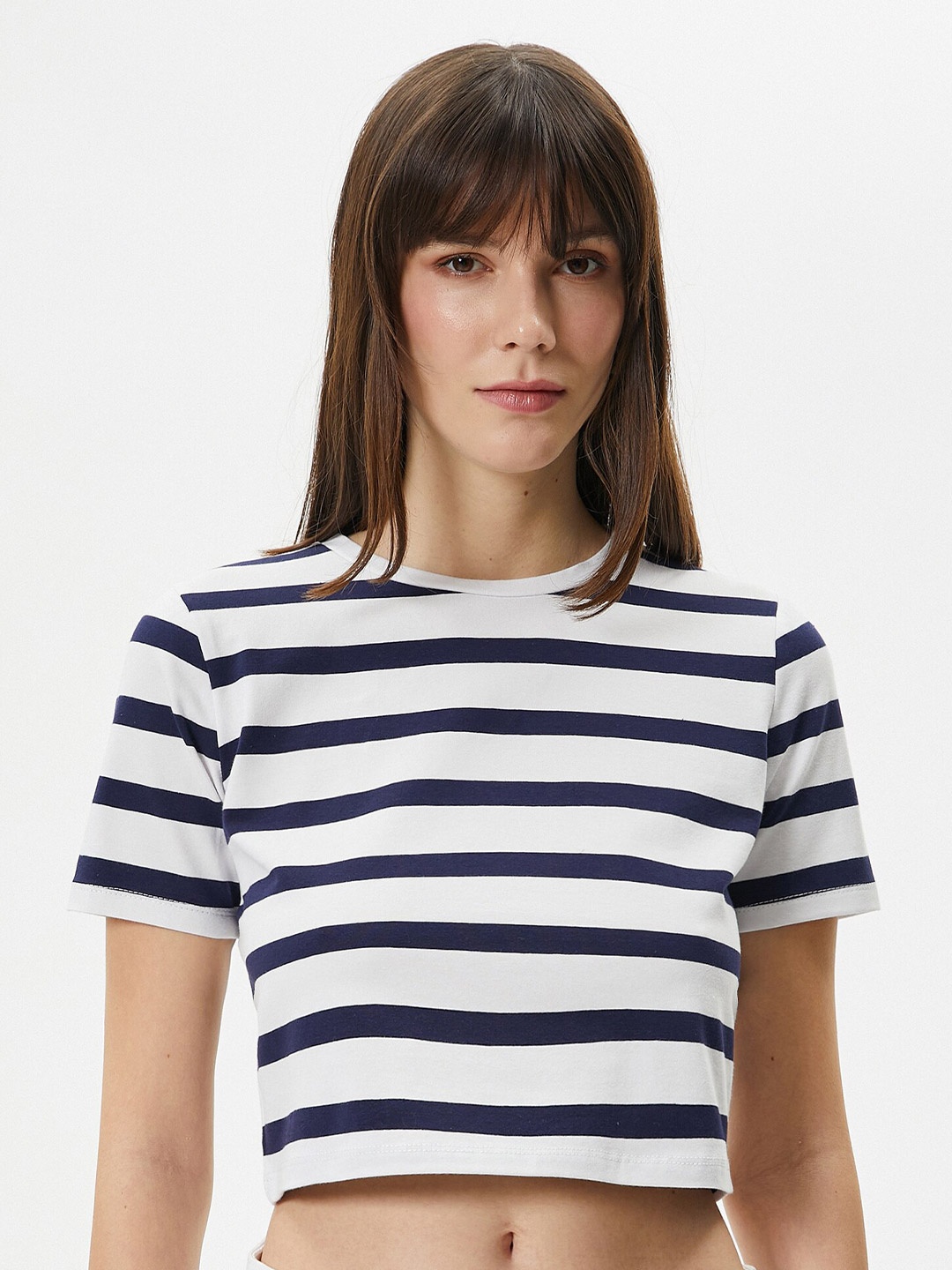 

Koton Striped Round Neck Short Sleeves Crop T-shirt, Navy blue