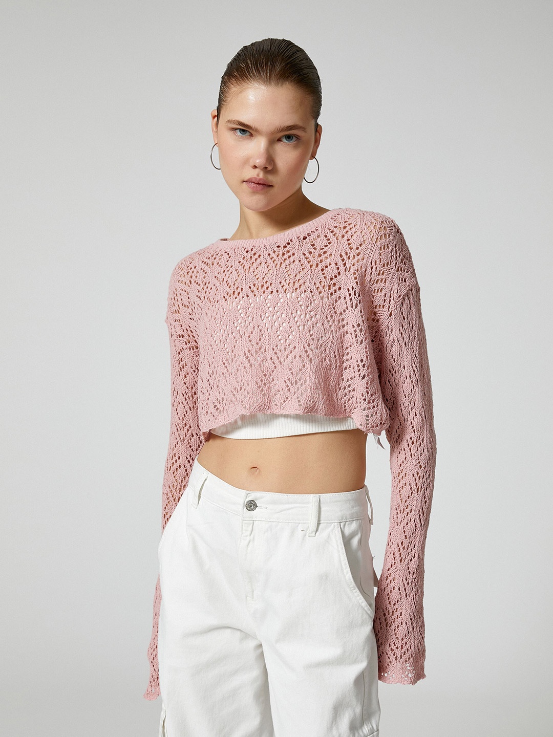 

Koton Self Design Cotton Lace Crop Top, Pink