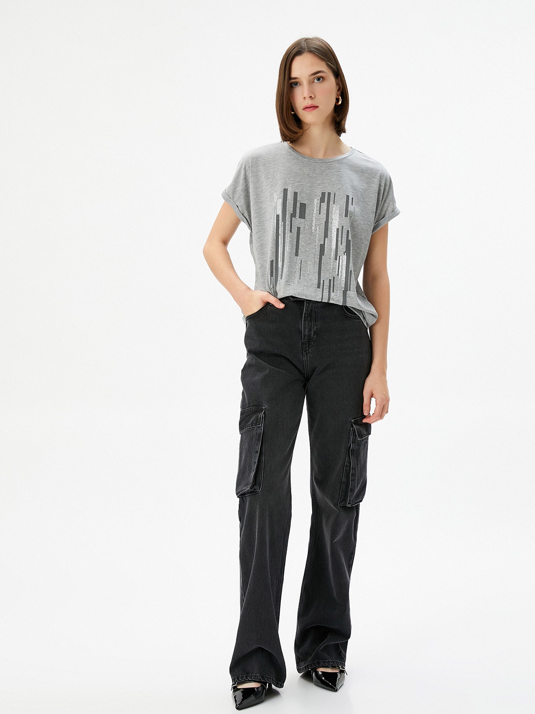 

Koton Abstract Printed Round Neck T-shirt, Grey melange