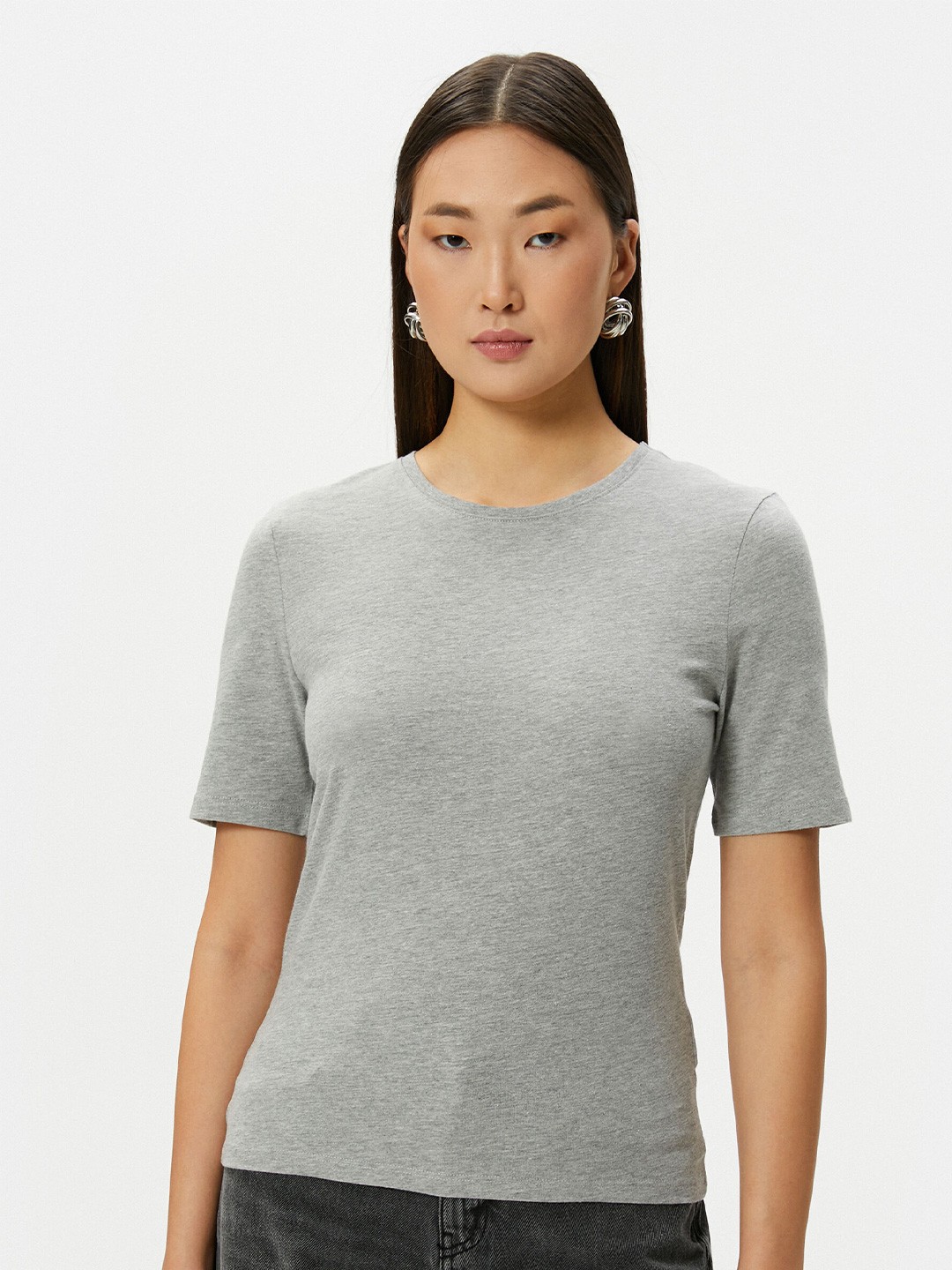 

Koton Round Neck Pure Cotton Casual T-shirt, Grey melange