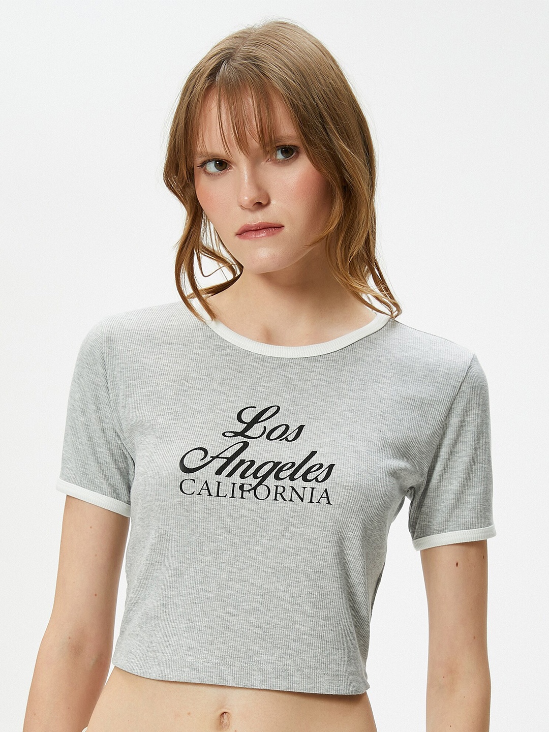 

Koton Typography Printed Round Neck Crop T-shirt, Grey